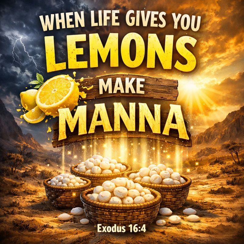 Inspirational Christian artwork showing lemons transforming into glowing manna in a desert wilderness, with the words “When Life Gives You Lemons, Make Manna” inspired by Exodus 16:4.