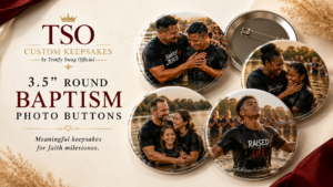 Custom photo magnets, buttons, and coasters created as meaningful keepsakes, including baptism photo keepsakes for the Yakima citywide baptism.